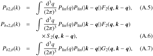 \appendix \setcounter{section}{1} \begin{eqnarray} P_{b2,\delta}(k)&=& \int \frac{{\rm d}^3q}{(2\pi)^3}\, P_{\rm lin}(q)P_{\rm lin}(|{\vec k}-{\vec q}|) F_2({\vec q},{{\vec k}-{\vec q}}),\\ P_{bs2,\delta}(k)&=& \int \frac{{\rm d}^3q}{(2\pi)^3}\, P_{\rm lin}(q)P_{\rm lin}(|{\vec k}-{\vec q}|) F_2({\vec q},{{\vec k}-{\vec q}}) \nonumber \\ &&\quad\times\, S_2({\vec q},{{\vec k}-{\vec q}}), \\ P_{b2,\theta}(k)&=& \int\frac{{\rm d}^3q}{(2\pi)^3}\,P_{\rm lin}(q)P_{\rm lin}(|{\vec k}-{\vec q}|)G_2({\vec q},{\vec k}-{\vec q}), \end{eqnarray}