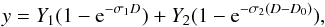 \begin{equation} y=Y_1(1-{\rm e}^{-\sigma_1 D})+Y_2(1-{\rm e}^{-\sigma_2 (D-D_0)}) \label{fiteq2} , \end{equation}