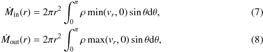 \begin{eqnarray} \dot{M}_{\rm in}(r) = 2\pi r^{2} \int_{0}^{\pi} \rho \min(v_{r},0) \sin \theta \rm d\theta, \label{inflowrate}\\ \dot{M}_{\rm out}(r) = 2\pi r^{2} \int_{0}^{\pi} \rho \max(v_{r},0) \sin \theta \rm d\theta, \label{outflowrate} \end{eqnarray}