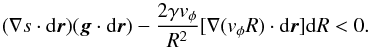 \begin{equation} (\nabla s \cdot {{\rm d}\vec{r}})(\vec{g} \cdot {\rm d}\vec{r})-\frac{2\gamma v_{\phi}}{R^2}[\nabla(v_{\phi}R)\cdot {\rm d}\vec{r}]{\rm d}R <0.\label{hoiland} \end{equation}