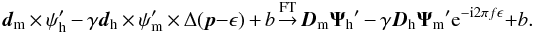 \begin{equation} \label{eqn:ftdiff} \imagem\, \times \,\modelh \,- \,\gamma\imageh \,\times\, \modelm\, \times\, \Delta(\vec{p}-\epsilon) \,+ \,b \!\ftarrow\! \Imagem \Modelh\, -\, \gamma\Imageh \Modelm {\rm e}^{-{\rm i} 2\pi {f}\epsilon} + b. \end{equation}