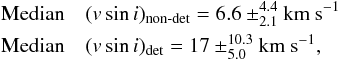 \begin{eqnarray} && \mathrm{Median} \quad (v\sin i)_{\mathrm{non\text {-}det}}= 6.6\pm^{4.4}_{2.1}\mathrm{km~s^{-1}}\\ \nonumber && \mathrm{Median} \quad (v\sin i)_{\mathrm{det}}= 17 \pm^{10.3}_{5.0}\mathrm{km~s^{-1}}, \end{eqnarray}