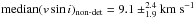 \hbox{$\mathrm{median}(v\sin i)_{\mathrm{det}}= 16 \pm^{6.0}_{3.0}\mathrm{km~s^{-1}}$}