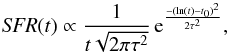\begin{equation} \mathit{SFR}(t) \propto \frac{1}{t \sqrt{ 2 \pi \tau^2 }}\, {\rm e}^{\frac{-(\ln(t) - t_0)^2} {2 \tau^2}}, \end{equation}
