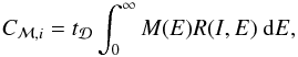 \begin{equation} C_{\mathcal{M},i} = t_{\mathcal{D}} \int_0^{\infty} M(E) R(I, E)~{\rm d}E, \label{eq:counts} \end{equation}