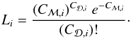 \begin{equation} L_{i} = \frac{(C_{\mathcal{M},i} )^{C_{\mathcal{D},i}} ~e^{-C_{\mathcal{M},i}} }{(C_{\mathcal{D},i})!}\cdot \label{eq:ind_prob} \end{equation}
