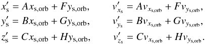 \appendix \setcounter{section}{2} \begin{eqnarray*} x'_{\rm s} = A x_{{\rm s}, \mathrm{orb}} + F y_{{\rm s}, \mathrm{orb}}, \qquad v'_{x_{\rm s}} = A v_{x_{{\rm s}, \mathrm{orb}}} + F v_{y_{{\rm s}, \mathrm{orb}}}, \notag \\ y'_{\rm s} = B x_{{\rm s}, \mathrm{orb}} + G y_{{\rm s}, \mathrm{orb}}, \qquad v'_{y_{\rm s}} = B v_{x_{{\rm s}, \mathrm{orb}}} + G v_{y_{{\rm s}, \mathrm{orb}}},\notag \\ z'_{\rm s} = C x_{{\rm s}, \mathrm{orb}} + H y_{{\rm s}, \mathrm{orb}}, \qquad v'_{z_{\rm s}} = C v_{x_{{\rm s}, \mathrm{orb}}} + H v_{y_{{\rm s}, \mathrm{orb}}}. \end{eqnarray*}