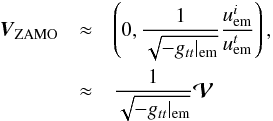 \appendix \setcounter{section}{4} \begin{eqnarray} \vec{V}_{\mathrm{ZAMO}} &\approx& \left(0, \frac{1}{\sqrt{-g_{tt}|_{\mathrm{em}}}} \frac{u_{\mathrm{em}}^i}{u_{\mathrm{em}}^t} \right), \notag \\ &\approx &\frac{1}{\sqrt{-g_{tt}|_{\mathrm{em}}}} \boldsymbol{\mathcal{V}} \end{eqnarray}
