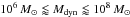 \hbox{$10^6\,{M_{\odot}}\lessapprox M_{\rm dyn} \lessapprox 10^8\,{M_{\odot}}$}