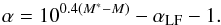 Mathematical equation: \begin{equation} \alpha = 10^{0.4(M^\ast-M)}-\alpha_{\mathrm{LF}}-1 . \end{equation}