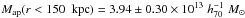\hbox{$M_{\mathrm{ap}}(r<150 ~\mbox{ kpc}) = 3.94 \pm 0.30 \times 10^{13} \; h^{-1}_{70} \; M_{\odot}$}