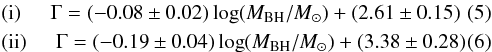 \begin{eqnarray} &&{\rm (i)}\hspace{0.5cm} \Gamma = (-0.08\pm0.02)\log(M_{\rm BH}/M_{\odot}) + (2.61\pm0.15) \\ &&{\rm (ii)}\hspace{0.5cm} \Gamma = (-0.19\pm0.04)\log(M_{\rm BH}/M_{\odot}) + (3.38\pm0.28) \end{eqnarray}