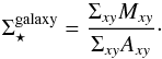 \begin{equation} \Sigma_{\star}^{\rm galaxy} = \frac{\Sigma_{xy} M_{xy}}{\Sigma_{xy} A_{xy}}\cdot \end{equation}
