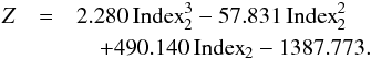 \appendix \setcounter{section}{3} \begin{eqnarray} Z &=& 2.280\,{\rm Index}_2^3-57.831\,{\rm Index}_2^2\nonumber\\ &&\quad+490.140\,{\rm Index}_2-1387.773. \end{eqnarray}