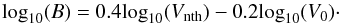\appendix \setcounter{section}{1} \begin{equation} \mathrm{log}_{10}(B) = 0.4\mathrm{log}_{10}(V_{\rm nth}) - 0.2\mathrm{log}_{10}(V_0) \cdot \end{equation}