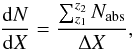 \begin{equation} \frac{{\rm d}N}{{\rm d}X} = \frac{\sum_{z_1}^{z_2}{N_{\mathrm{abs}}}}{\Delta X}, \end{equation}