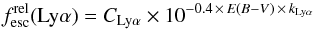 \begin{equation} \flyarel=C_\mathrm{Ly\alpha}\times10^{-0.4\,\times\, {E(B-V)} \,\times\, k_\mathrm{Ly\alpha}} \label{eq:hayes} \end{equation}