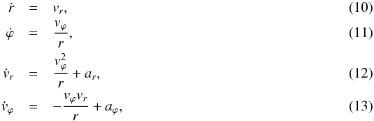 \begin{eqnarray} \dot r & = & v_r, \label{eqn:eom1}\\ \dot \varphi & = & \frac{v_\varphi}{r}, \\ \dot v_r & = & \frac{v_\varphi^2}{r} + a_r, \\ \dot v_\varphi & = & - \frac{v_\varphi v_r}{r} + a_\varphi, \label{eqn:eom4} \end{eqnarray}