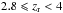 \hbox{$2.8\leqslant z_{\rm r}< 4$}