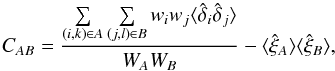 \begin{equation} C_{A B} = \frac{ \sum\limits_{(i,k) \in A} \sum\limits_{(j,l) \in B} w_{i} w_{j} \langle\hat\delta_{i} \hat\delta_{j}\rangle } {W_{A}W_{B}} - \langle \xihat_{A} \rangle \langle \xihat_{B} \rangle \label{equation::appendix::xi_cross_covar_estimator_2}, \end{equation}