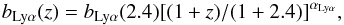 \begin{equation} \blya(z) = \blya(2.4)[(1+z)/(1+2.4)]^{\alpha_{\LyaMath}}, \label{equation::bias_absorber_evolution_definition} \end{equation}
