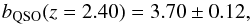 \begin{equation} \bqso(z=2.40) = 3.70 \pm 0.12 \label{equation::measure_bias_QSO_combined}, \end{equation}