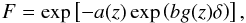 \begin{equation} F = \exp \left[ -a(z) \exp \left( b g(z) \delta \right) \right], \label{equation::gunn_peterson} \end{equation}