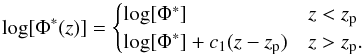 \begin{equation} \log[\Phi^*(z)] = \begin{cases} \log[\Phi^*] &z < z_{\rm p} \\ \log[\Phi^*] + c_1(z-z_{\rm p})& z> z_{\rm p}. \end{cases} \end{equation}