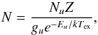 Mathematical equation: \begin{equation} N=\frac{N_u Z}{g_ue^{-E_u/kT_{\rm ex}}}, \label{eq:N} \end{equation}