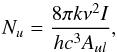 Mathematical equation: \begin{equation} N_u = \frac{8\pi k \nu^2 I}{hc^3A_{ul}} \label{eq:Nu} , \end{equation}