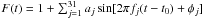 \hbox{$F(t) = 1 +\sum_{j=1}^{31} a_j \sin[2\pi f_j (t-t_0) + \phi_j]$}