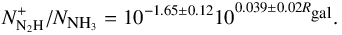 \begin{eqnarray} N_{\rm N_2H}^+/N_{\mbox{\tiny NH}_3} = 10^{-1.65 \pm 0.12}10^{0.039 \pm 0.02R_{\mbox{\tiny gal}}}. \end{eqnarray}