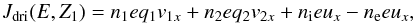 \appendix \setcounter{section}{2} \begin{equation} J_{\rm dri}(E,Z_1) = n_1 e q_1 v_{1x} + n_2 e q_2 v_{2x} + n_{\rm i} e u_x - n_{\rm e} e u_x , \end{equation}