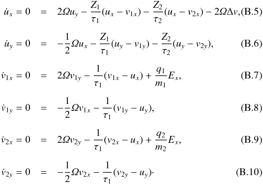 \appendix \setcounter{section}{2} \begin{eqnarray} \dot{u}_x = 0 &=& 2 \varOmega u_y - \frac{Z_1}{\tau_1} (u_x-v_{1x}) - \frac{Z_2}{\tau_2} (u_x-v_{2x}) - 2 \varOmega \Delta v , \label{eq:uxdot} \\[2mm] \dot{u}_y = 0 &=& -\frac{1}{2} \varOmega u_x - \frac{Z_1}{\tau_1} (u_y-v_{1y}) - \frac{Z_2}{\tau_2} (u_y-v_{2y}) , \\[2mm] \dot{v}_{1x} = 0 &=& 2 \varOmega v_{1y} - \frac{1}{\tau_1} (v_{1x}-u_x) + \frac{q_1}{m_1} E_x , \\[2mm] \dot{v}_{1y} = 0 &=& -\frac{1}{2} \varOmega v_{1x} - \frac{1}{\tau_1} (v_{1y}-u_y) , \\[2mm] \dot{v}_{2x} = 0 &=& 2 \varOmega v_{2y} - \frac{1}{\tau_1} (v_{2x}-u_x) + \frac{q_2}{m_2} E_x , \\[2mm] \dot{v}_{2y} = 0 &=& -\frac{1}{2} \varOmega v_{2x} - \frac{1}{\tau_1} (v_{2y}-u_y) \cdot \label{eq:vy2dot} \end{eqnarray}