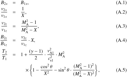 \appendix \setcounter{section}{1} \begin{eqnarray} B_{2x} &=& B_{1x} ,\\ \frac{v_{2x}}{v_{1x}} &=& \frac{1}{X} ,\\ \frac{v_{2z}}{v_{1z}} &=& \frac{M_{\rm A}^{2}-1}{M_{\rm A}^{2}-X} ,\\ \frac{B_{2z}}{B_{1z}} &=& \frac{v_{2z}}{v_{1z}} \cdot X ,\\ \frac{T_{2}}{T_{1}} & =& 1 + \frac{(\gamma-1)}{2} \cdot \frac{v_{\rm A1}^{2}}{c_{\rm s1}^{2}} \cdot M_{\rm A}^{2} \nonumber \\ && \quad \times \left \{ 1 - \frac{\cos^{2} \theta}{X^{2}} - \sin^{2} \theta \cdot \frac{(M_{\rm A}^{2}-1)^{2}}{(M_{\rm A}^{2}-X)^{2}} \right\} , \end{eqnarray}