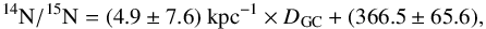 \begin{equation} ^{14}\text{N}/^{15}\text{N}=(4.9\pm7.6) \text{ kpc}^{-1} \times D_{\rm GC} + (366.5\pm65.6) , \end{equation}