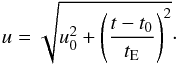 \begin{equation} u=\sqrt{u_0^2 + \left(\frac{t-t_0}{t_{\mathrm{E}}}\right)^2}\cdot \label{eq:track} \end{equation}