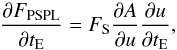 \begin{equation} \frac{\partial F_{\mathrm{PSPL}}}{\partial t_{\mathrm{E}}} = F_{\mathrm{S}} \frac{\partial A}{\partial u}\frac{\partial u}{\partial t_{\mathrm{E}}}, \end{equation}