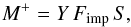 Mathematical equation: \begin{equation} M^+=Y\,F_\mathrm{imp}\, S, \label{eq:mplus} \end{equation}