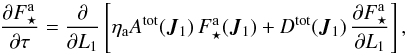 \begin{equation} \frac{\partial \Fsa}{\partial \tau} = \frac{\partial }{\partial L_{1}} \left [ \eta_{\ra} A^{\rm tot} (\bm{J}_{1}) \, \Fsa (\bm{J}_{1}) + D^{\rm tot} (\bm{J}_{1}) \, \frac{\partial \Fsa}{\partial L_{1}} \right] , \label{Landau_Kep_disc_multi_tot_AD} \end{equation}