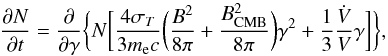 \appendix \setcounter{section}{1} \begin{equation} \label{eq:dN/dt} \dfrac{\partial N}{\partial t}=\dfrac{\partial}{\partial\gamma}\bigg\{ N\bigg[\dfrac{4\sigma_T}{3m_{\rm e}c}\bigg(\dfrac{B^2}{8\pi}+\dfrac{B_{\rm CMB}^2}{8\pi}\bigg)\gamma^2+ \dfrac{1}{3}\dfrac{\dot{V}}{V}\gamma\bigg]\bigg\} , \end{equation}