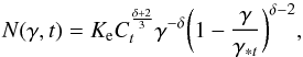 \appendix \setcounter{section}{1} \begin{equation} N(\gamma,t)=K_{\rm e}C_t^{\frac{\delta+2}{3}}\gamma^{-\delta}\bigg(1-\frac{\gamma}{\gamma_{*t}}\bigg)^{\delta-2} , \end{equation}