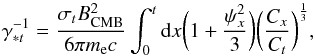\appendix \setcounter{section}{1} \begin{equation} \gamma_{*t}^{-1}=\dfrac{\sigma_tB_{\rm CMB}^2}{6\pi m_{\rm e}c}\int_0^t{\rm d}x\bigg(1+\frac{\psi_x^2}{3}\bigg)\bigg(\dfrac{C_x}{C_t}\bigg)^{\frac{1}{3}} , \end{equation}