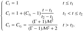 \appendix \setcounter{section}{1} \begin{equation} \label{eq:C} \left\{ \begin{array}{ll} C_t=1 & t\leq t_1\\[2mm] C_t=1+(C_{t_2}-1)\dfrac{t-t_1}{t_2-t_1}& t_1<t\leq t_2\\[2mm] C_t=C_{t_2}=\dfrac{(\Gamma+1)\mathcal M^2}{(\Gamma-1)\mathcal M^2+2}& t>t_2. \end{array} \right. \end{equation}