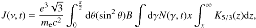 \appendix \setcounter{section}{1} \begin{equation} J(\nu,t)=\dfrac{e^3\sqrt{3}}{m_{\rm e}c^2}\int_0^{\frac{\pi}{2}}{\rm d}\theta(\sin^2\theta) B\int {\rm d}\gamma N(\gamma,t)x\int_x^\infty K_{5/3}(z){\rm d}z , \end{equation}