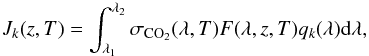 \begin{equation} \label{eq:J} J_k(z, T) = \int_{\lambda_1}^{\lambda_2} \sigma_{\rm CO_2}(\lambda, T) F(\lambda, z, T) q_k(\lambda) {\rm d}\lambda, \end{equation}