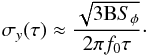 \begin{equation} \sigma_y(\tau) \approx \frac{\sqrt{ 3 \mbox{B} S_{\phi} } } { 2 \pi f_0 \tau} \label{eq:sigmaySNR} \cdot \end{equation}