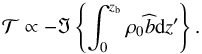 Mathematical equation: \begin{equation} \mathcal{T} \propto - \Im \left\{ \int_0^{z_{\rm b}} \rho_0 \pv{b} {\rm d}z' \right\}. \label{torque_local} \end{equation}