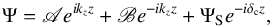 Mathematical equation: \begin{equation} \Psi = \mathscr{A} e^{i k_z z} + \mathscr{B} e^{-i k_z z} + \Psi_{\rm S} e^{- i \delta_{\rm c} z} , \end{equation}