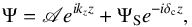 Mathematical equation: \begin{equation} \Psi = \mathscr{A} e^{i k_z z} + \Psi_{\rm S} e^{- i \delta_{\rm c} z}, \end{equation}